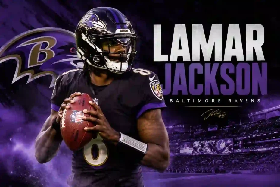 Lamar Jackson holding a football in a Baltimore Ravens uniform