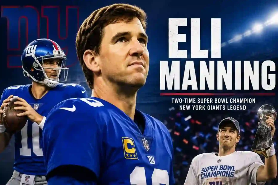 Eli Manning in a New York Giants jersey celebrating his Super Bowl career