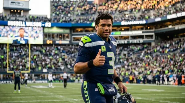 Russell Wilson giving a thumbs-up on the football field during an NFL game at CenturyLink Field.