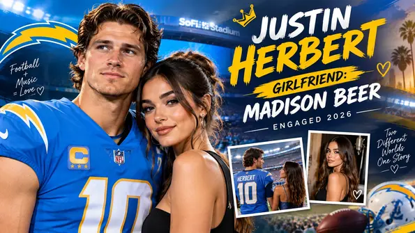 Justin Herbert with his girlfriend Madison Beer in a Los Angeles Chargers themed feature image