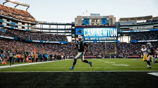 Cam Newton looking confident on the football field during an NFL game.
