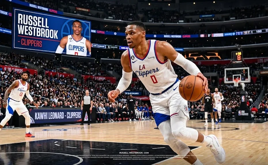 NBA point guard Russell Westbrook driving fast down the court with the basketball during a game.