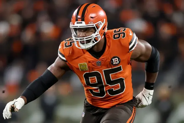 Myles Garrett in action for the Cleveland Browns wearing the number 95 jersey during an NFL game