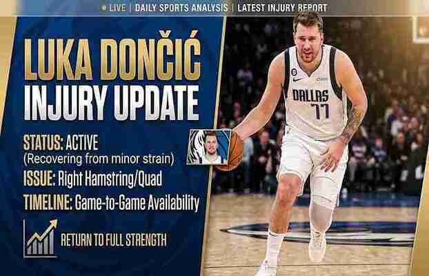 Luka Doncic on basketball court in jersey wincing with graphic text detailing injury status hamstring recovery and return timeline