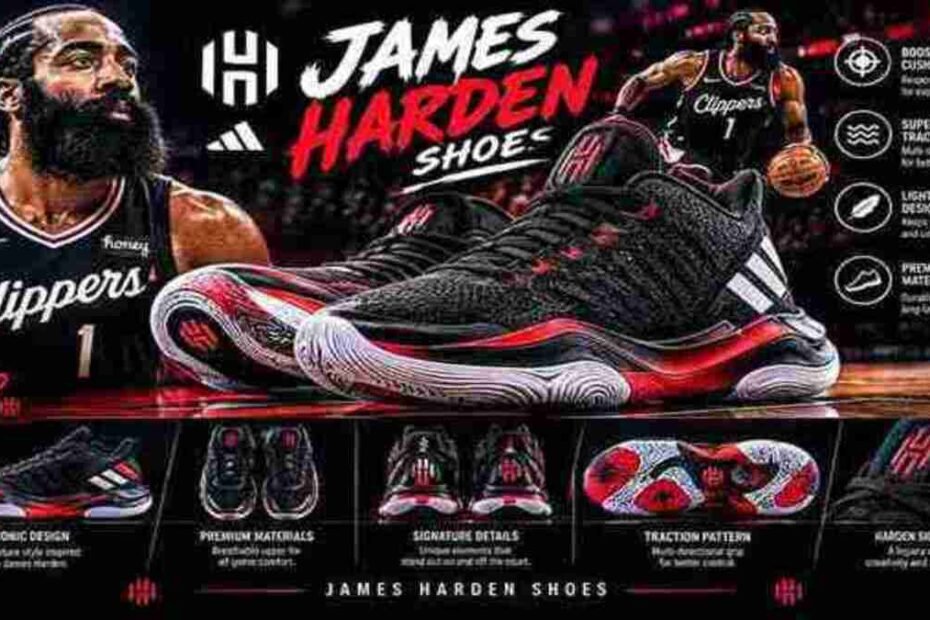 James Harden basketball shoes featuring black sneakers with red and white accents