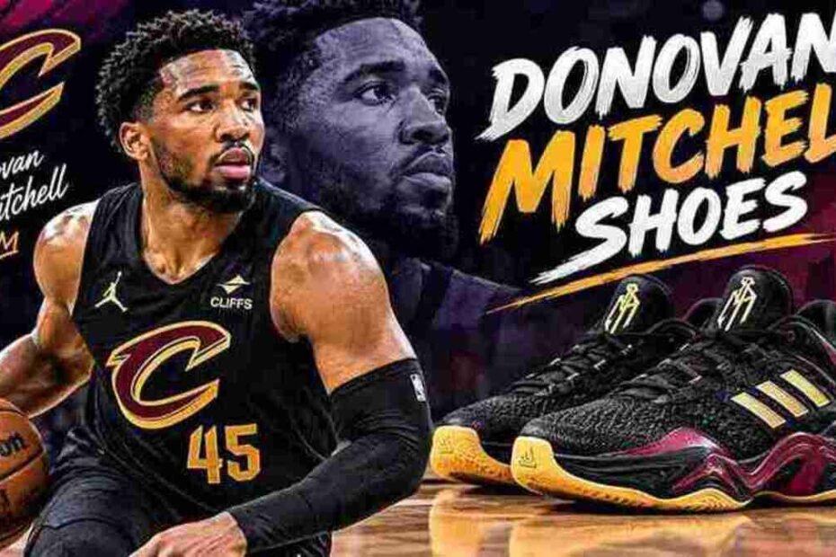 Donovan Mitchell shoes in black, gold, and burgundy basketball style