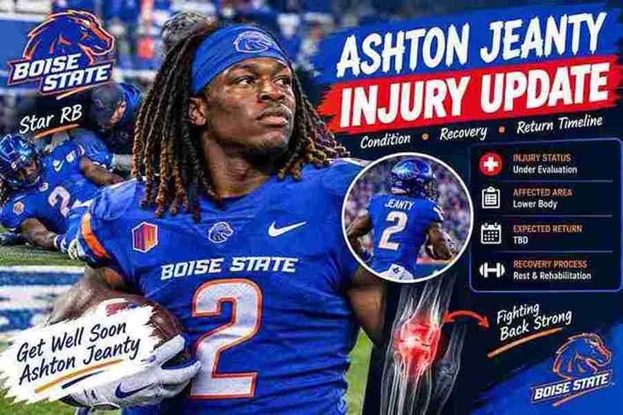 Ashton Jeanty injury update feature graphic in Boise State football colors