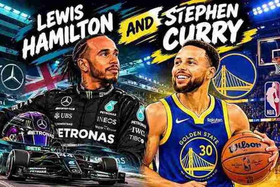 Comic-style sports illustration of Lewis Hamilton in racing gear alongside Stephen Curry in a Golden State Warriors basketball jersey